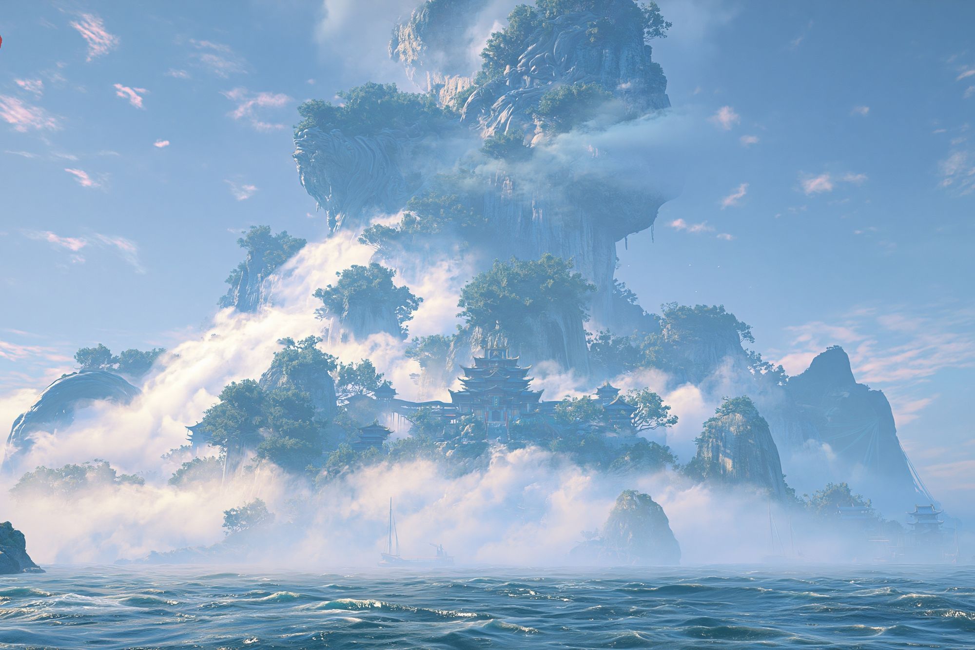 Misty Mountain Temple Fantasy Print. poster — illustration art