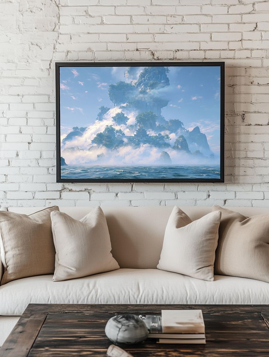 Misty Mountain Temple Fantasy Print. — room view 1