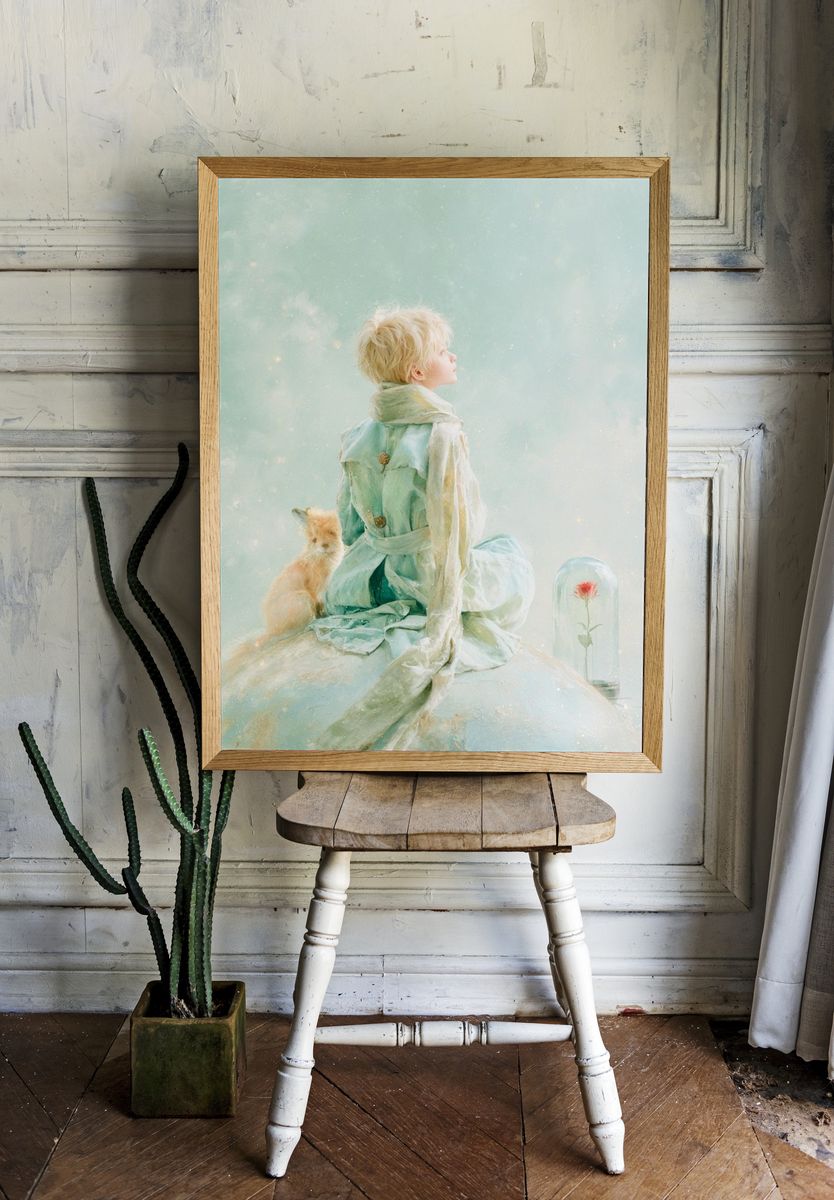 Dreamy Child and Fox Illustration Print. room preview