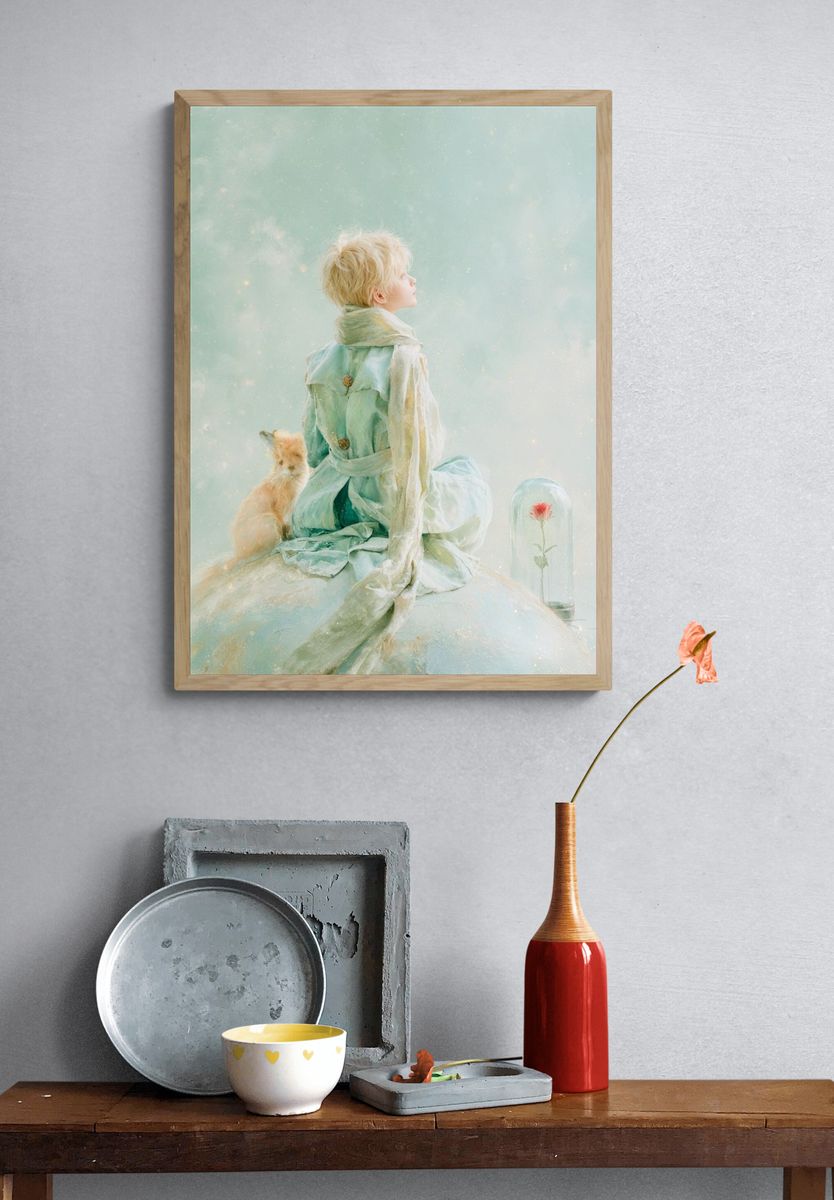 Dreamy Child and Fox Illustration Print. — room view 3