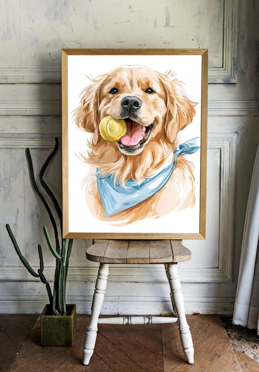 Golden Retriever with Ball Illustration Poster. room preview