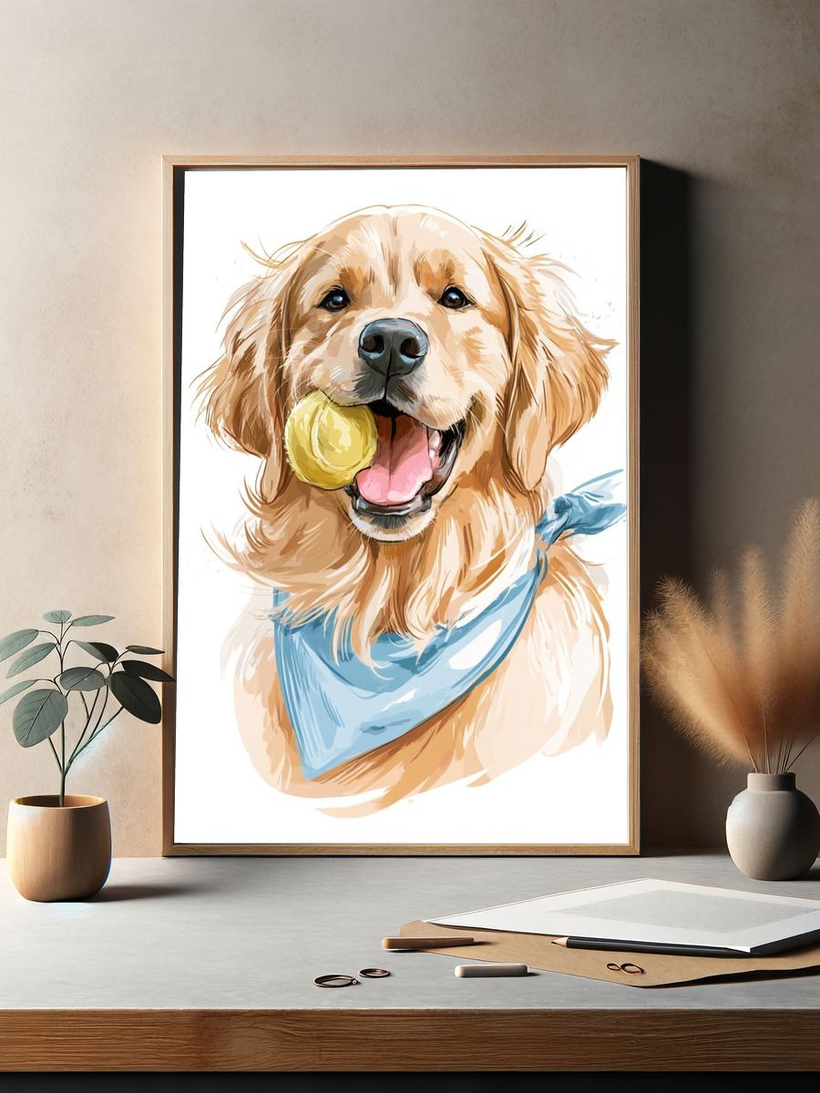 Golden Retriever with Ball Illustration Poster. — room view 2