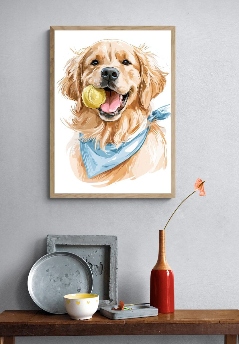 Golden Retriever with Ball Illustration Poster. — room view 3