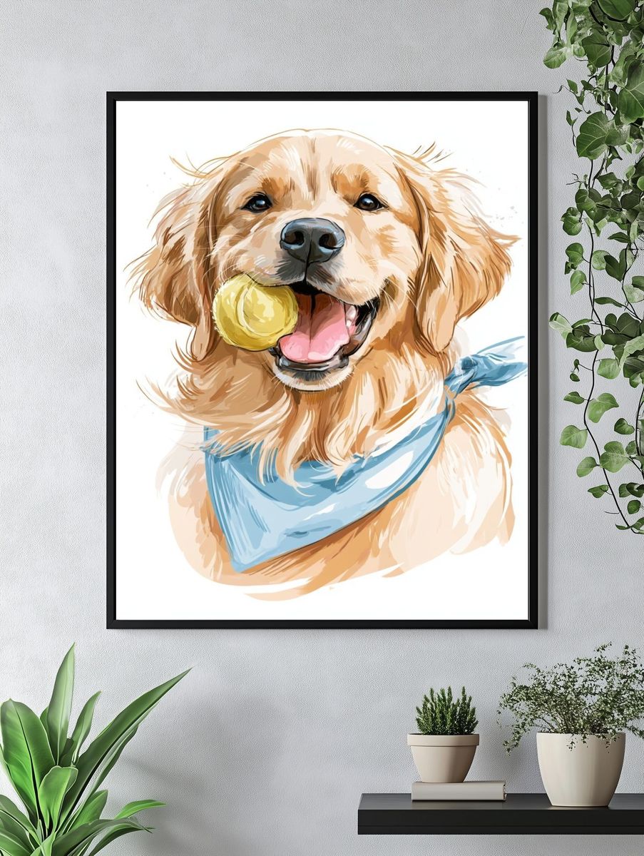 Golden Retriever with Ball Illustration Poster. — room view 4