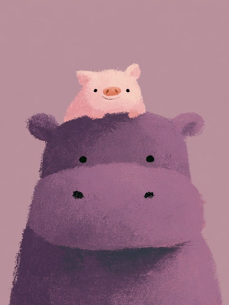 Cute Hippo and Pig Illustration Poster. poster detail