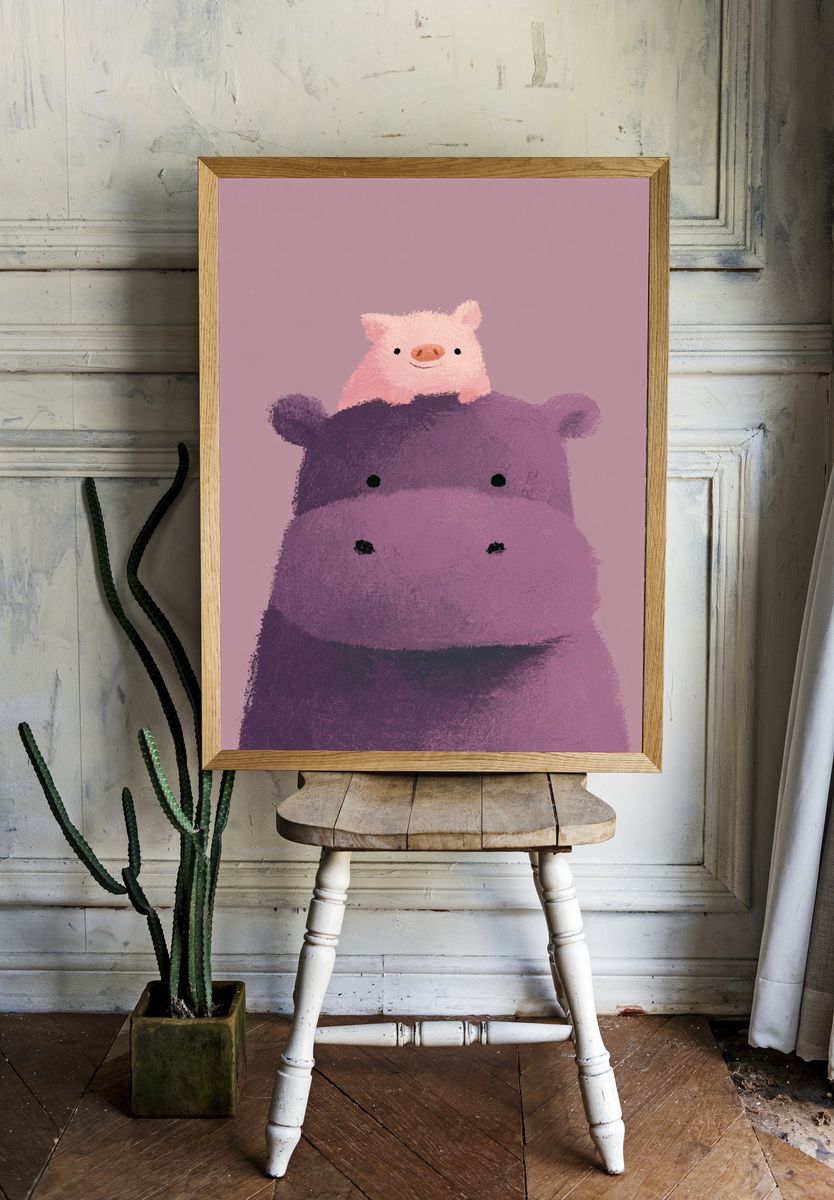 Cute Hippo and Pig Illustration Poster. — room view 1