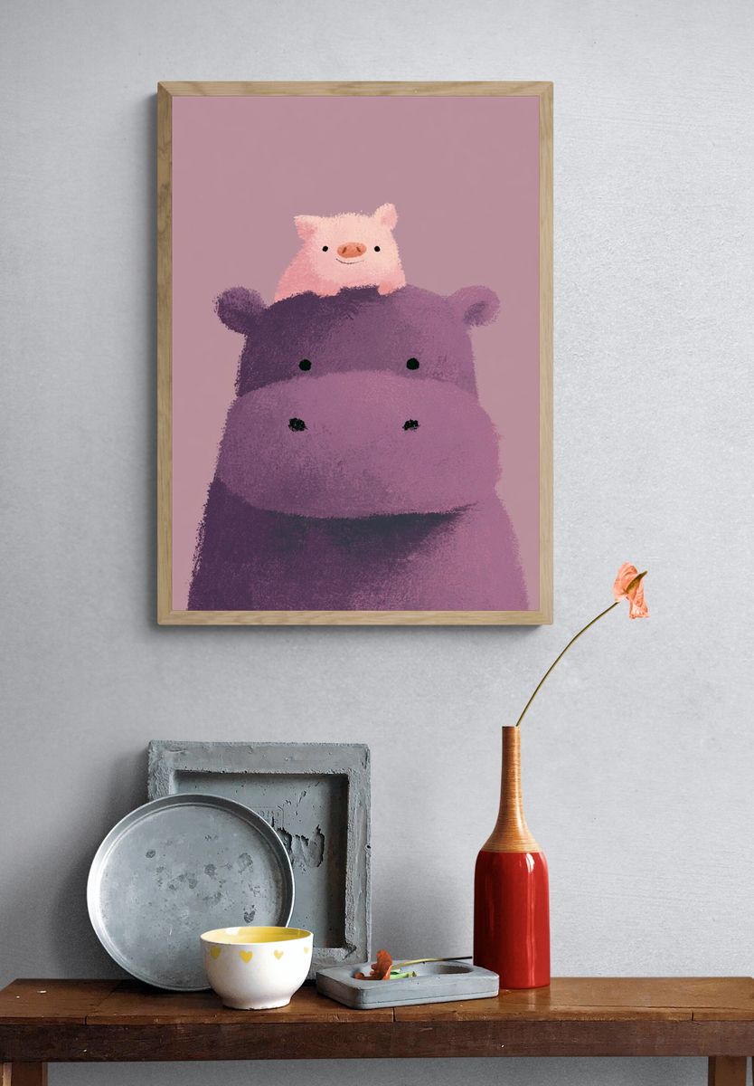 Cute Hippo and Pig Illustration Poster. — room view 3