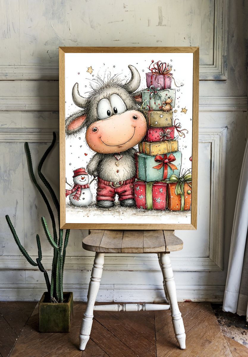Festive Cow with Gifts Illustration Poster. room preview