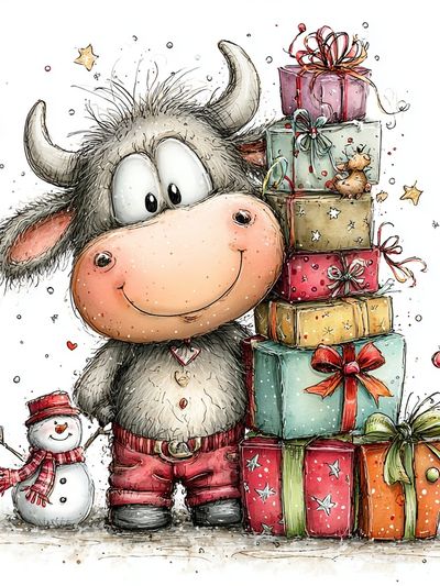 Festive Cow with Gifts Illustration Poster. poster