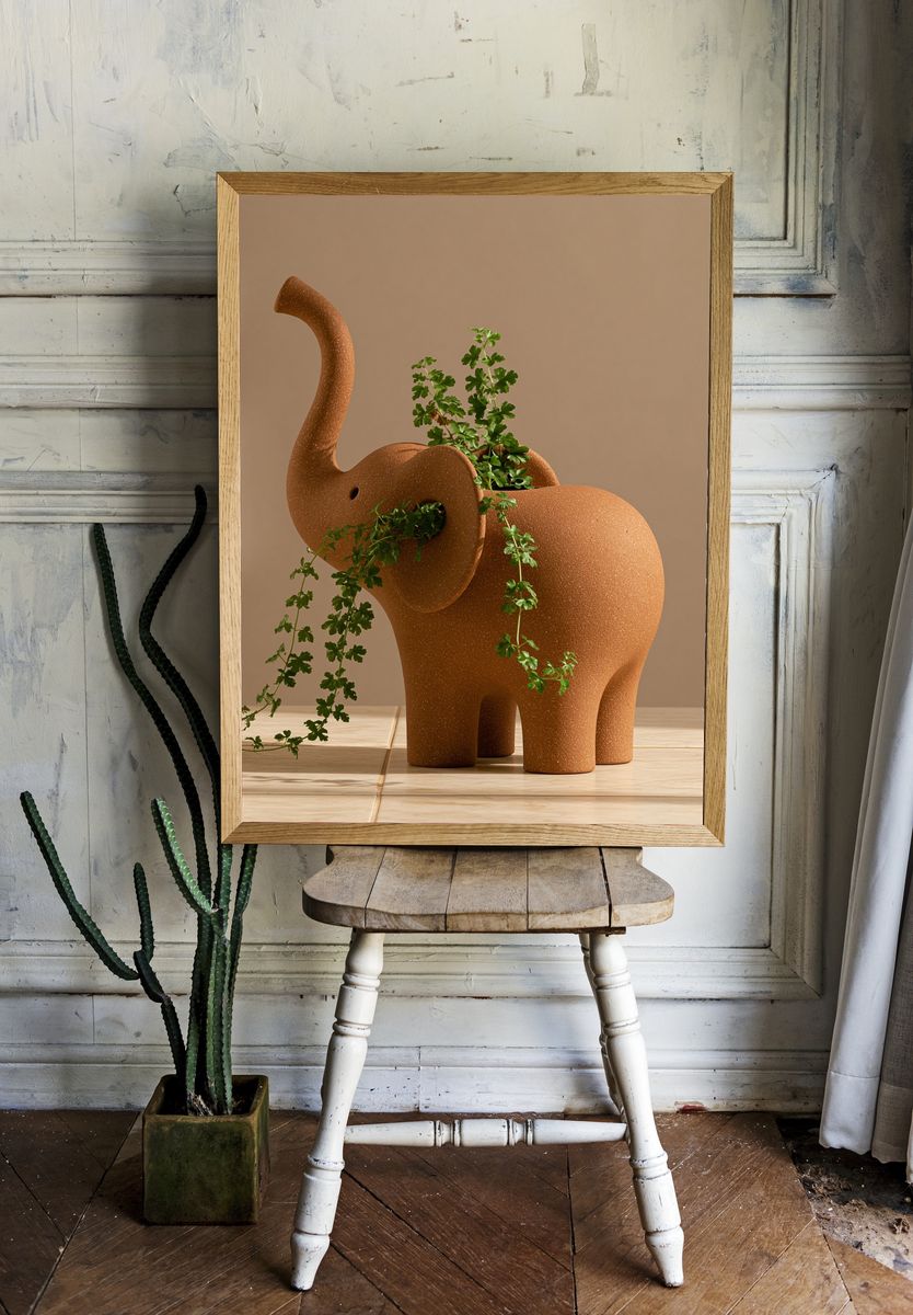 Terracotta Elephant Sculpture Print. room preview