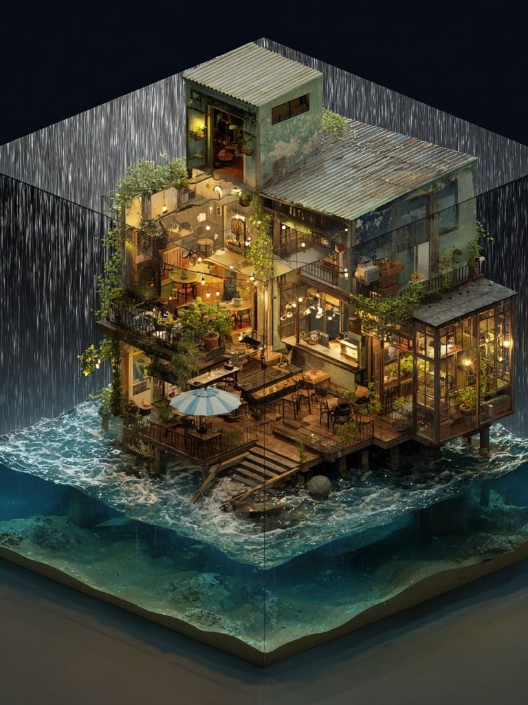 Floating Seaside House Illustration Poster. poster — illustration art