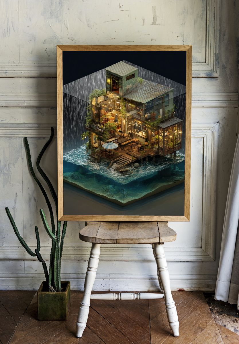 Floating Seaside House Illustration Poster. room preview
