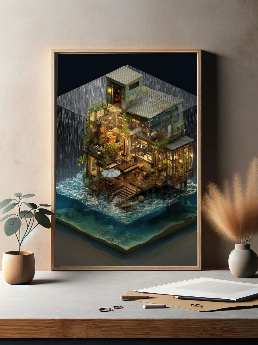 Floating Seaside House Illustration Poster. — room view 2