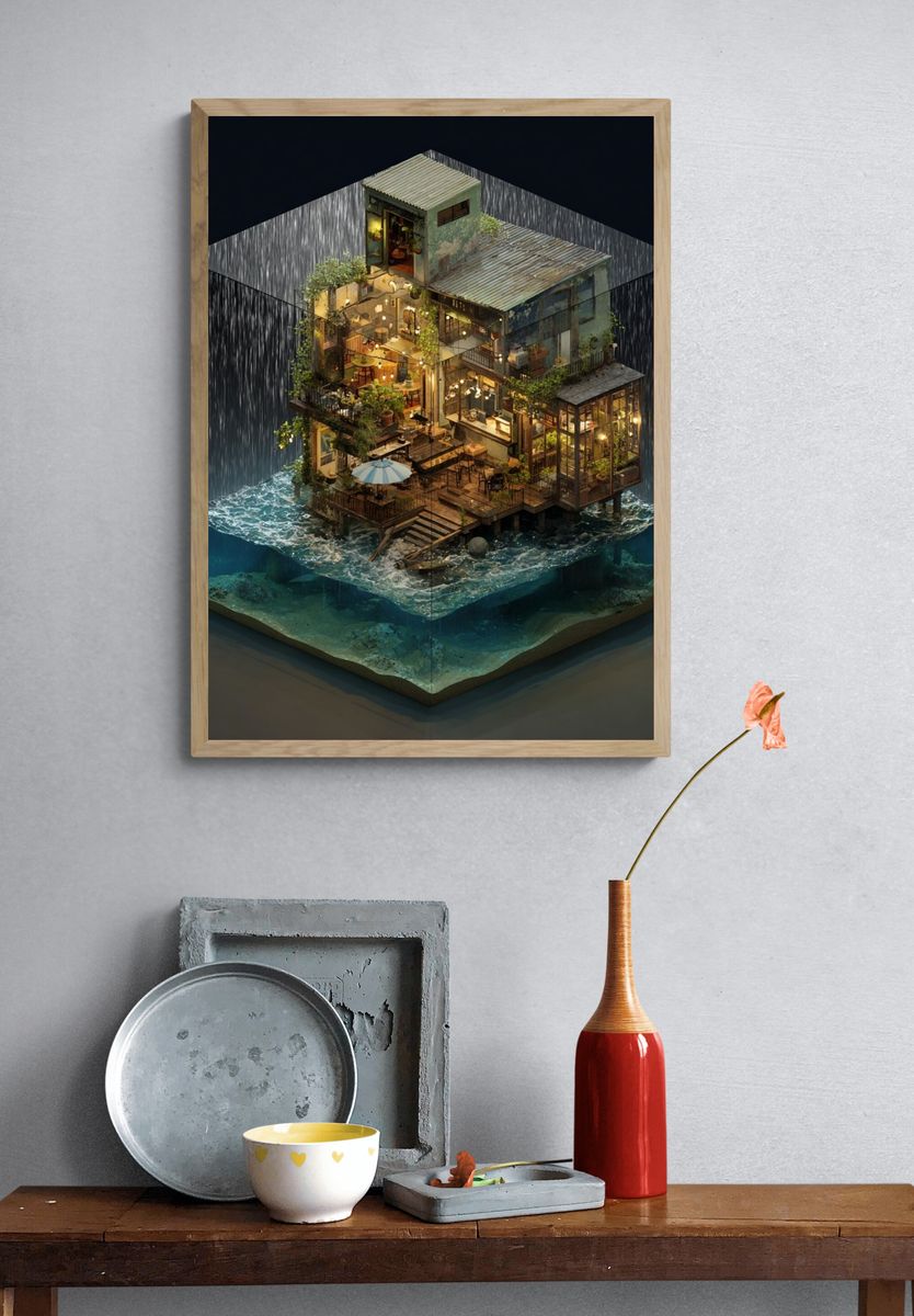 Floating Seaside House Illustration Poster. — room view 3