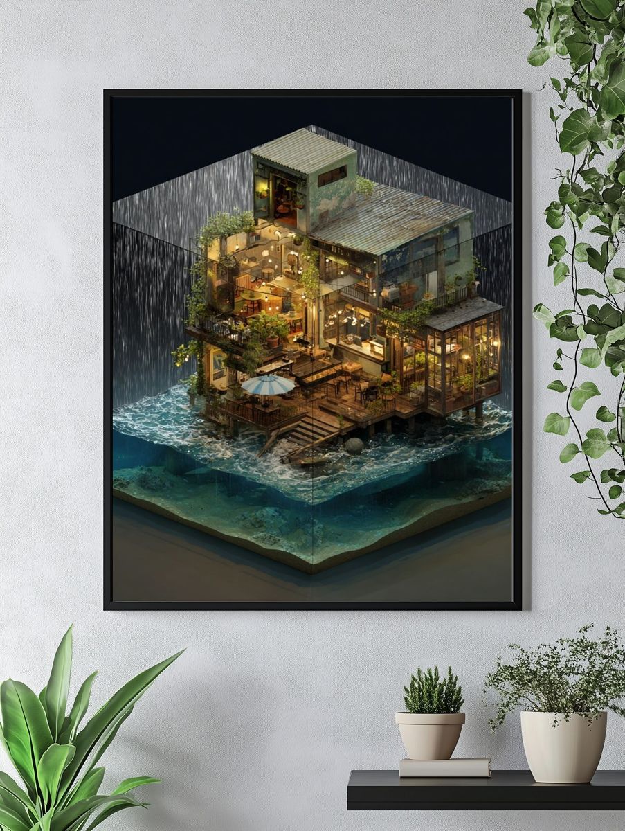 Floating Seaside House Illustration Poster. — room view 4