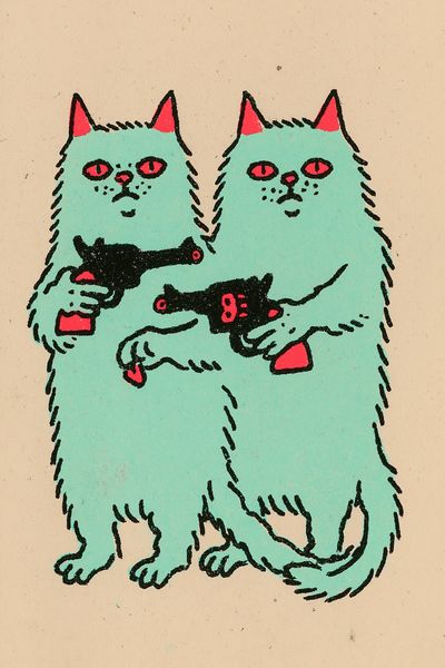 Twin Cats with Pistols Illustration Poster. poster print