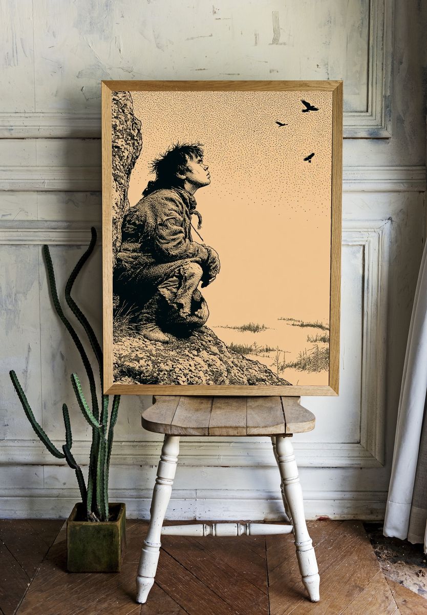 Solitary Cliffside Figure Illustration Poster. — room view 1