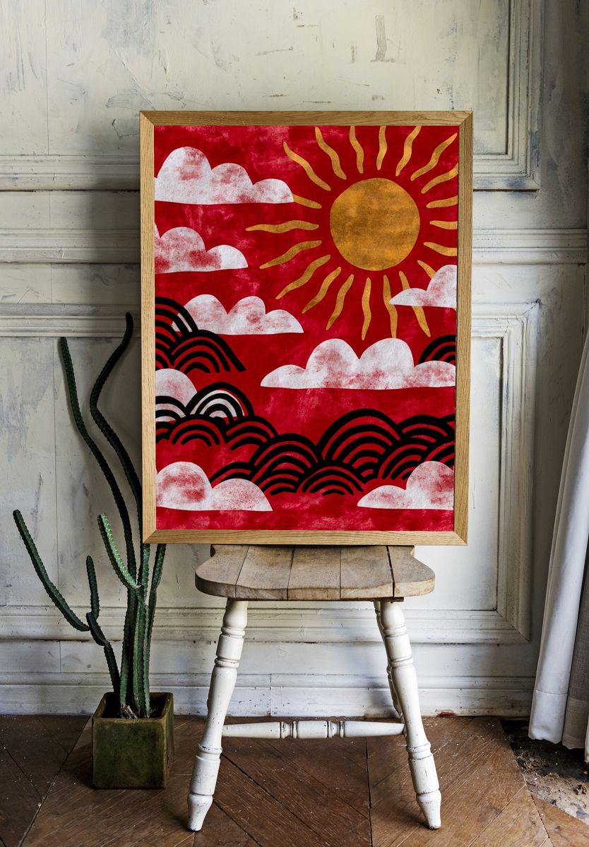 Red Sun and Clouds Illustration Poster. room preview