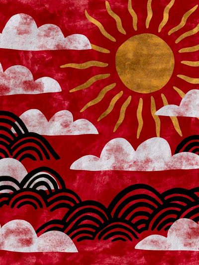 Red Sun and Clouds Illustration Poster. poster