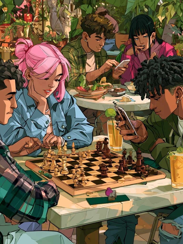 Chess Café Gathering Illustration Poster. poster — illustration art