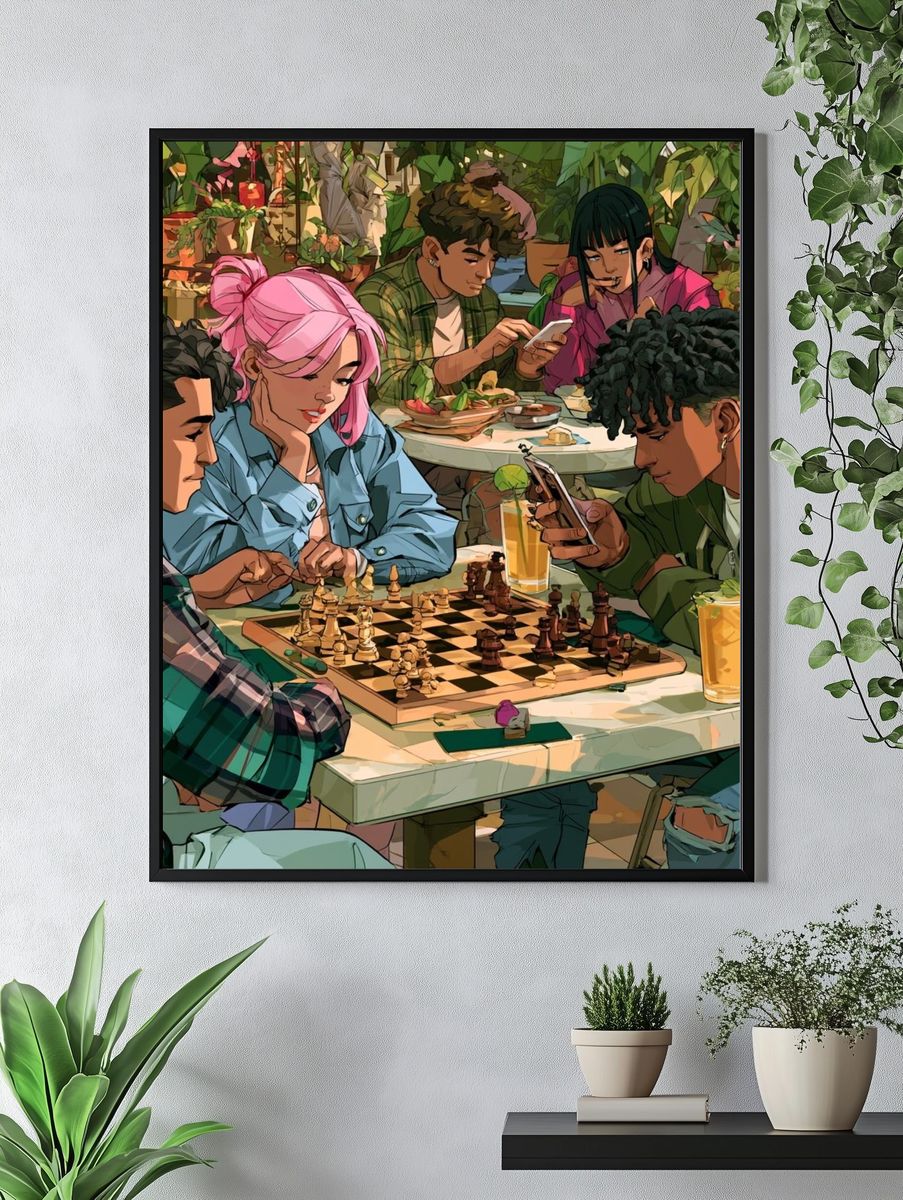 Chess Café Gathering Illustration Poster. — room view 4