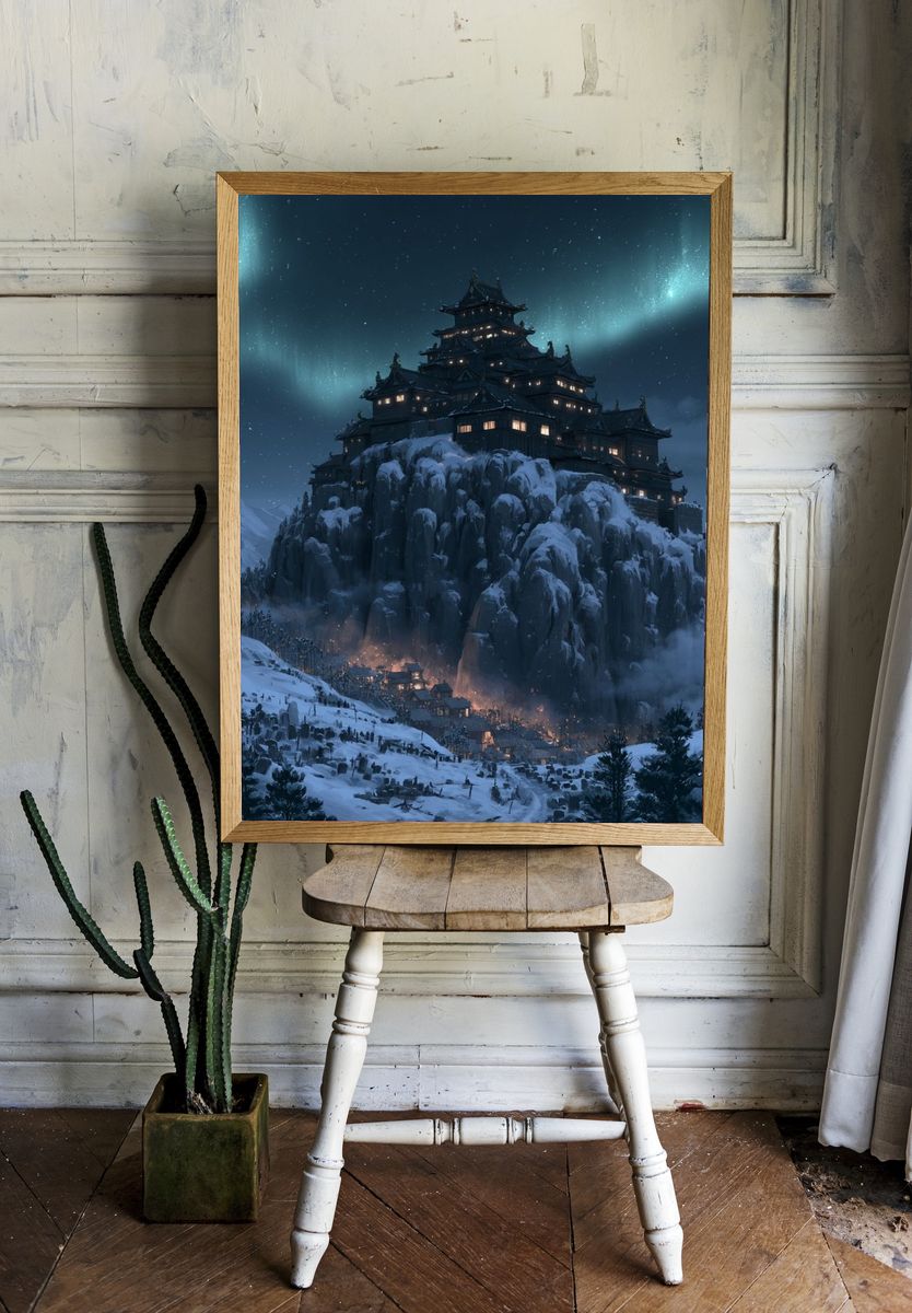 Snowy Mountain Castle Fantasy Print. — room view 1