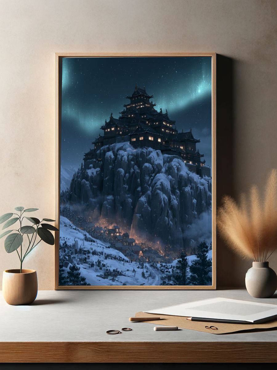 Snowy Mountain Castle Fantasy Print. — room view 2
