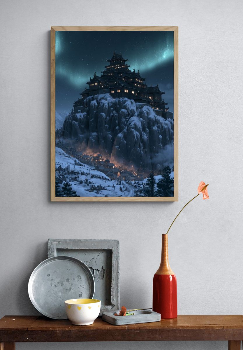 Snowy Mountain Castle Fantasy Print. — room view 3