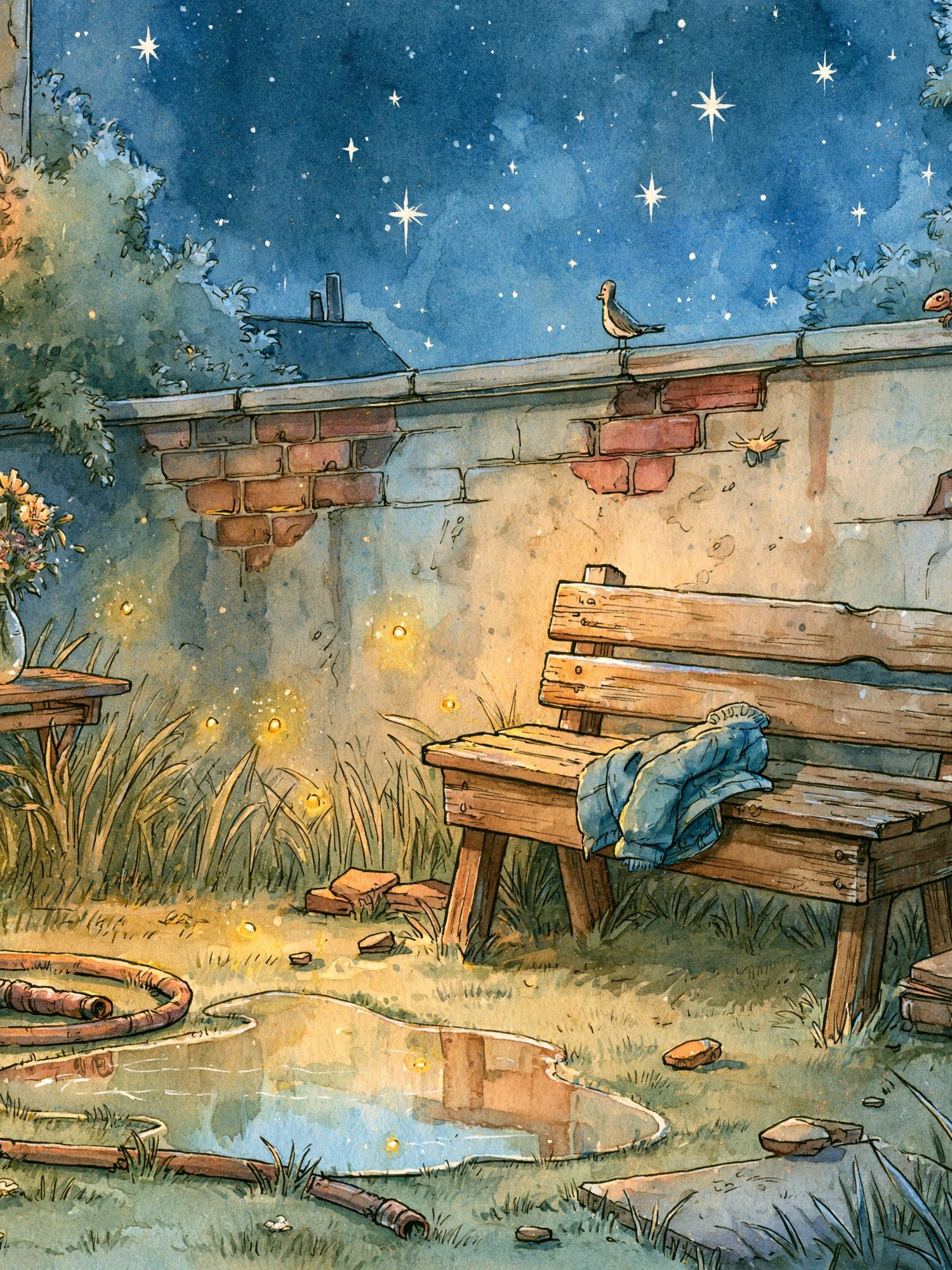 Moonlit Garden Bench Illustration Poster. poster — illustration art