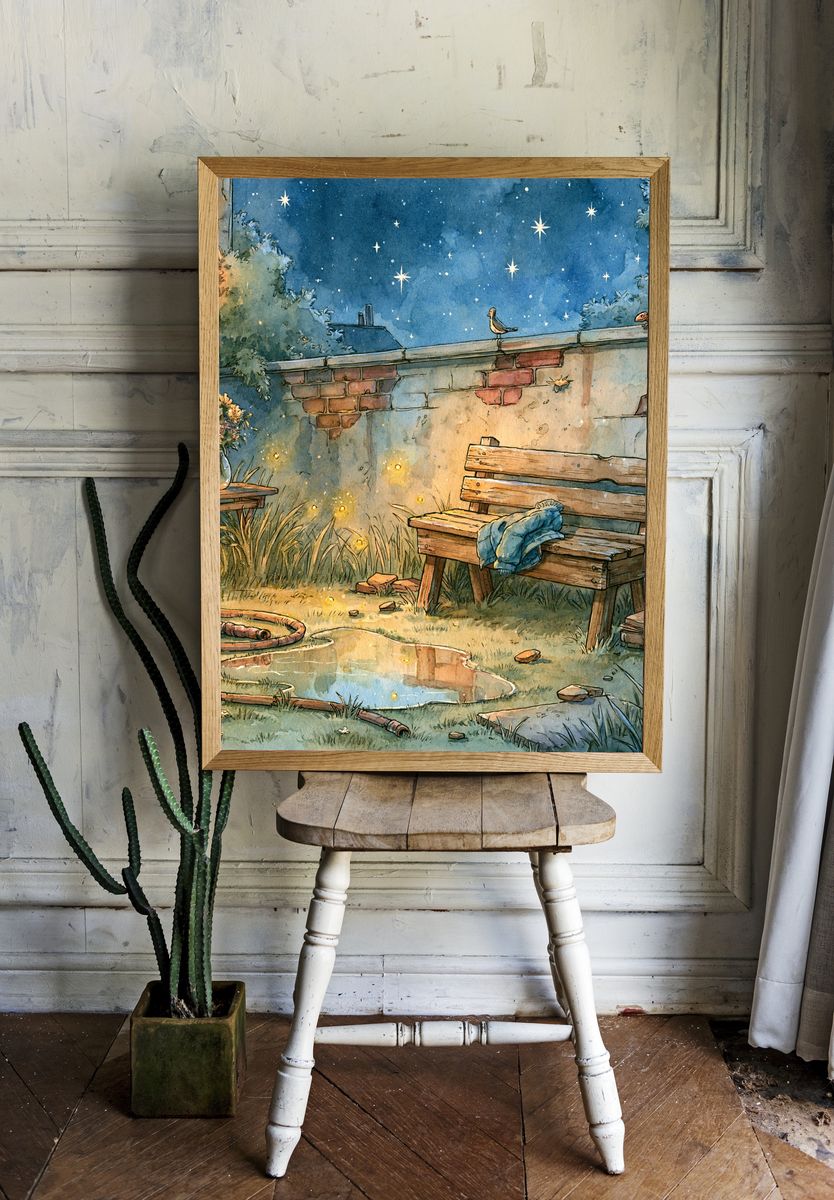 Moonlit Garden Bench Illustration Poster. room preview