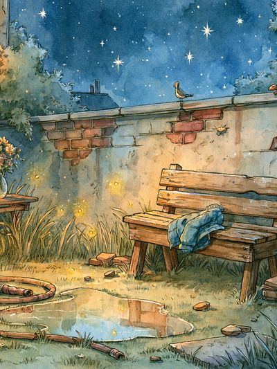Moonlit Garden Bench Illustration Poster.