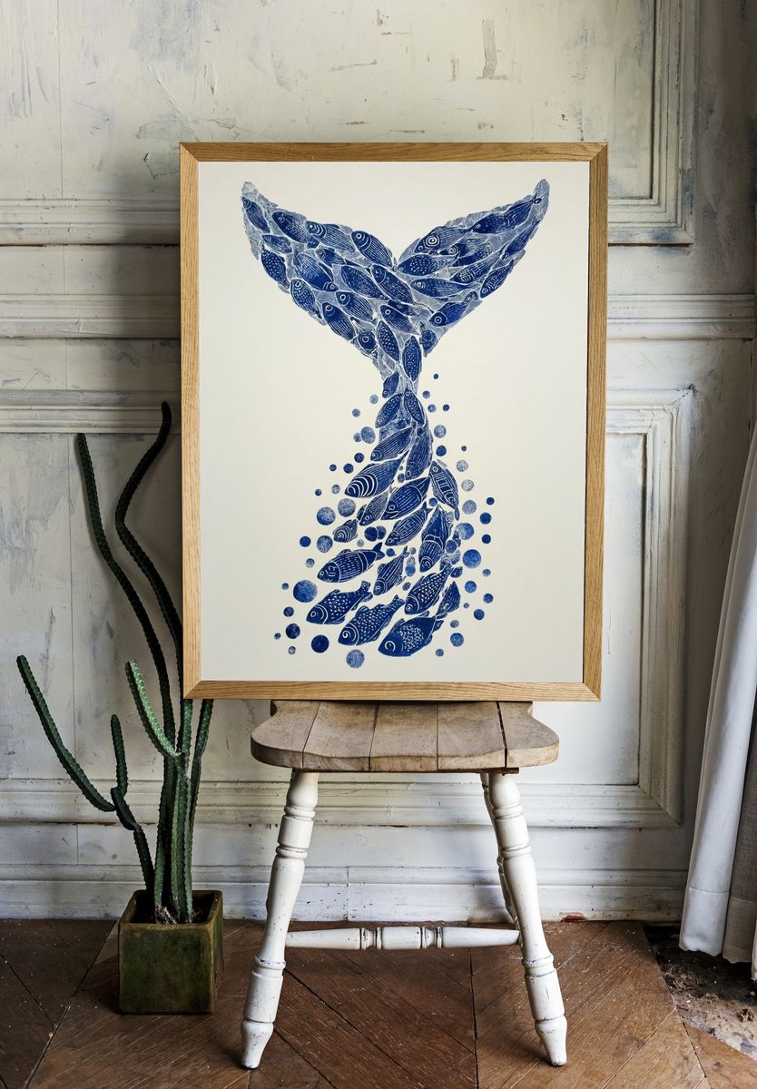 Whale Tail Fish Illustration Poster. — room view 1