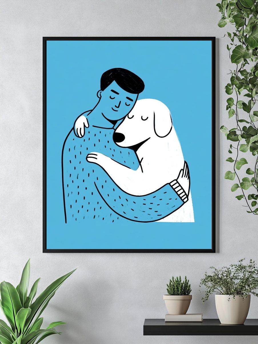Man and Dog Hug Illustration Poster. — room view 4