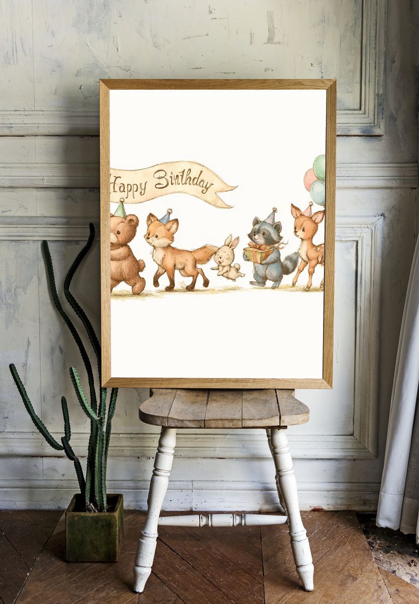 Happy Birthday Animals Illustration Poster. — room view 1