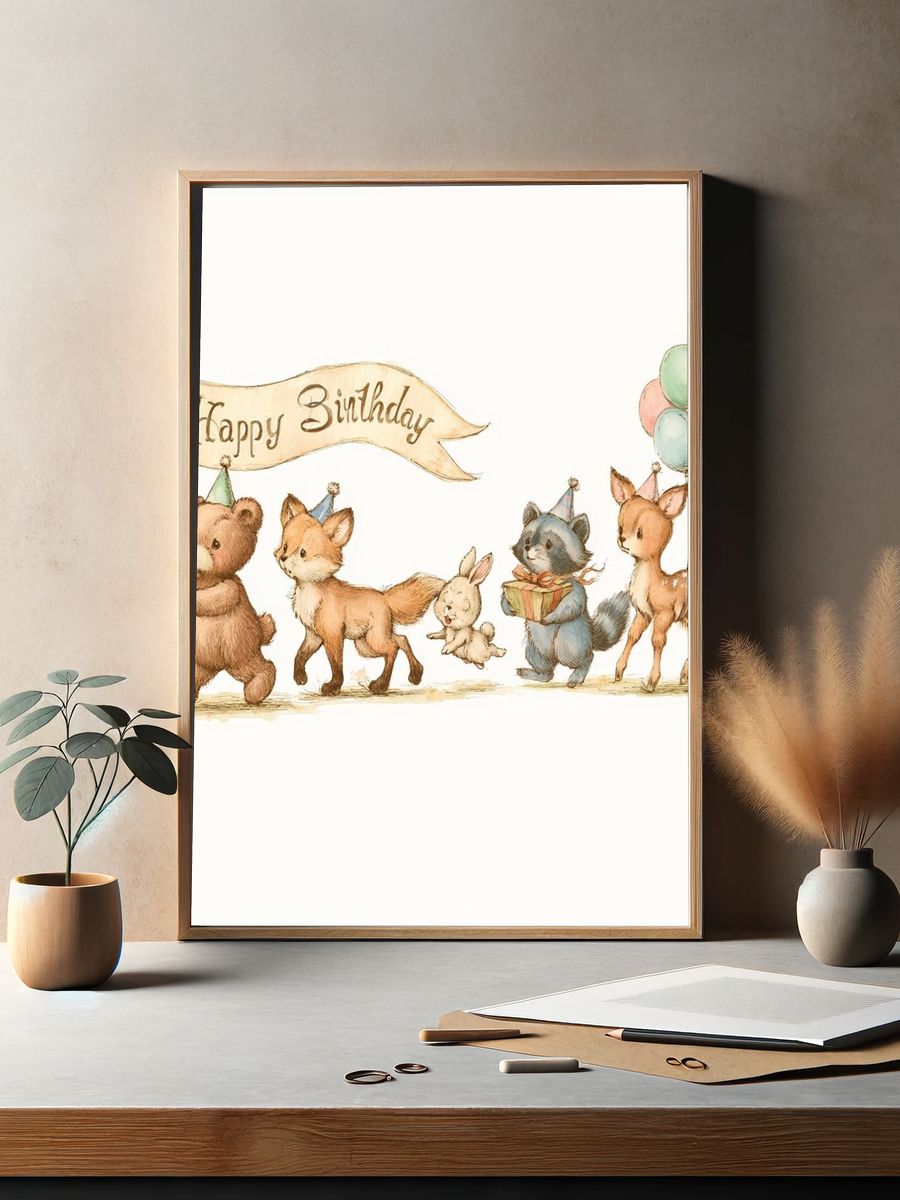Happy Birthday Animals Illustration Poster. — room view 2