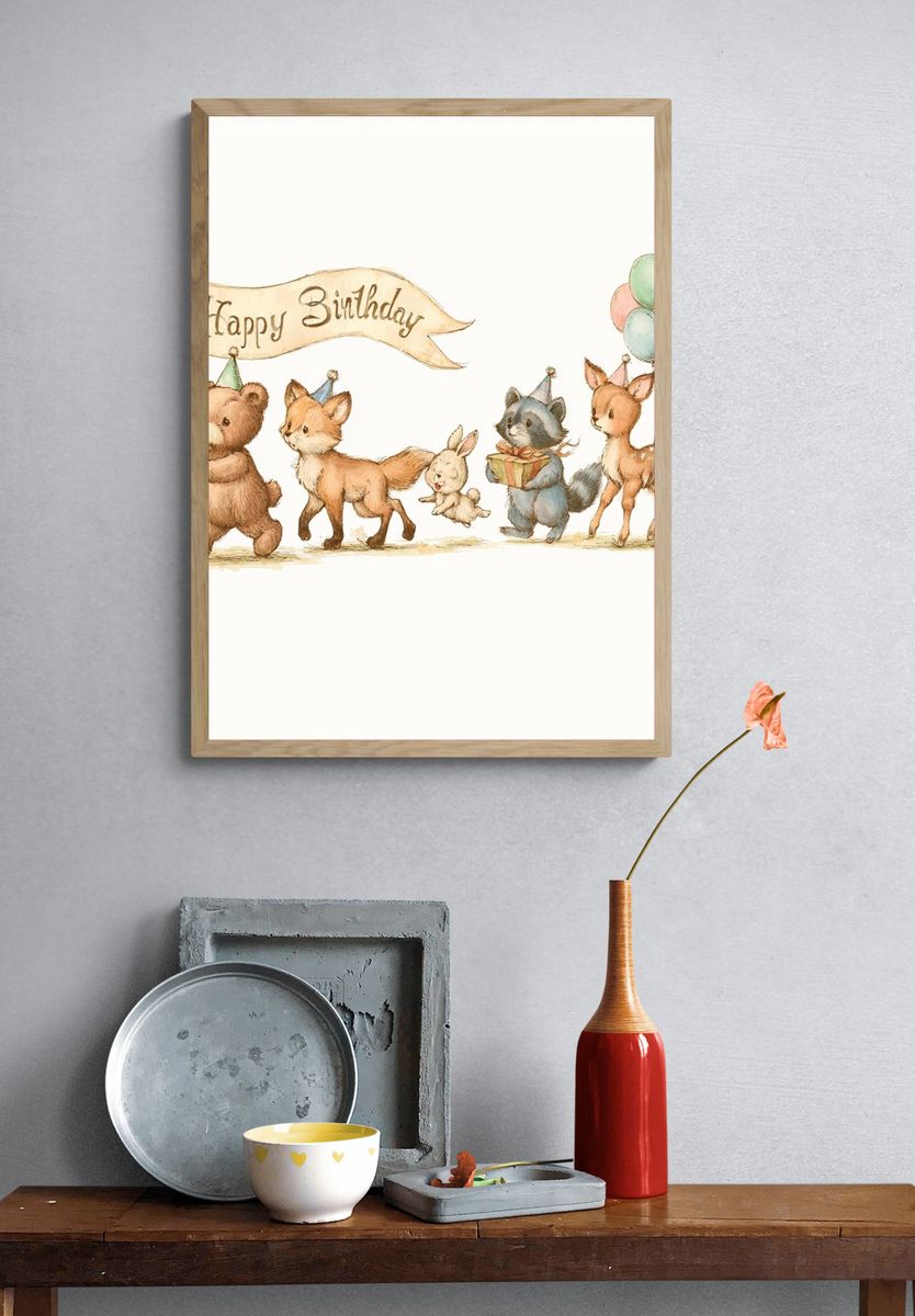 Happy Birthday Animals Illustration Poster. — room view 3