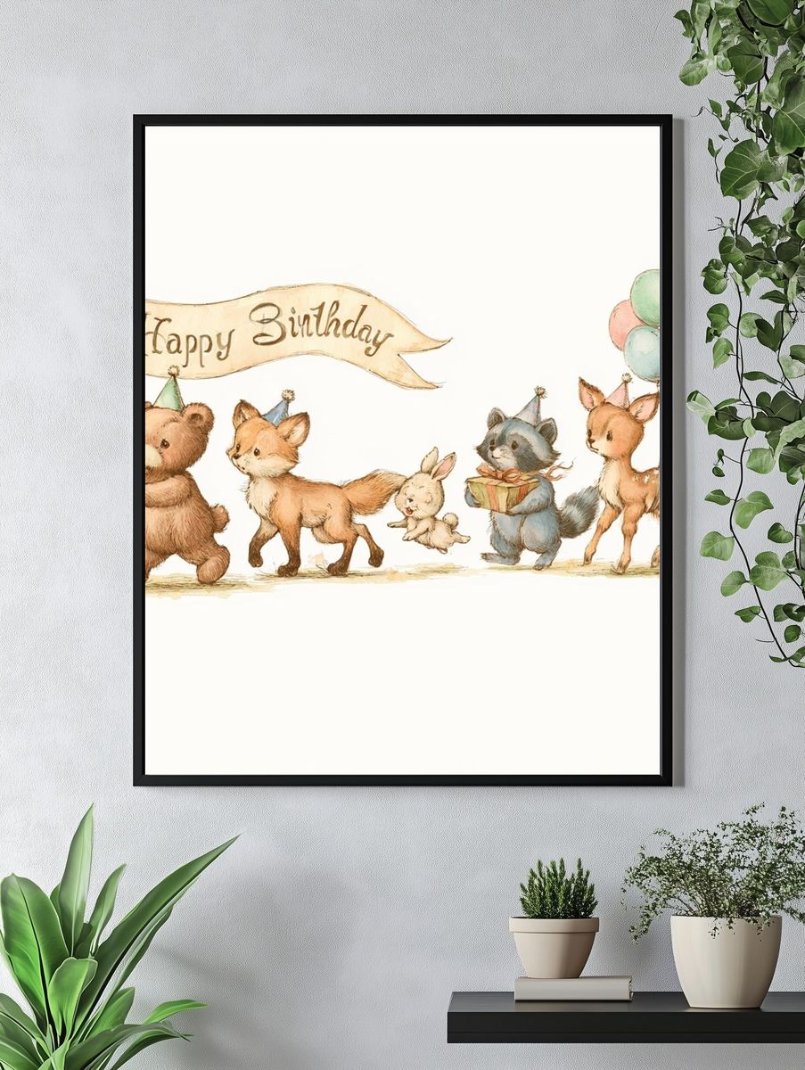 Happy Birthday Animals Illustration Poster. — room view 4