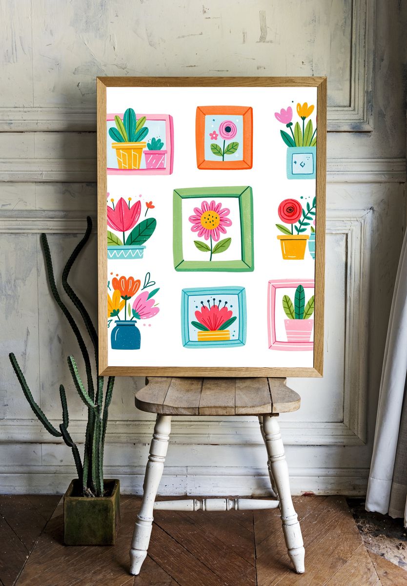 Colorful Floral Frames Illustration Poster. — room view 1