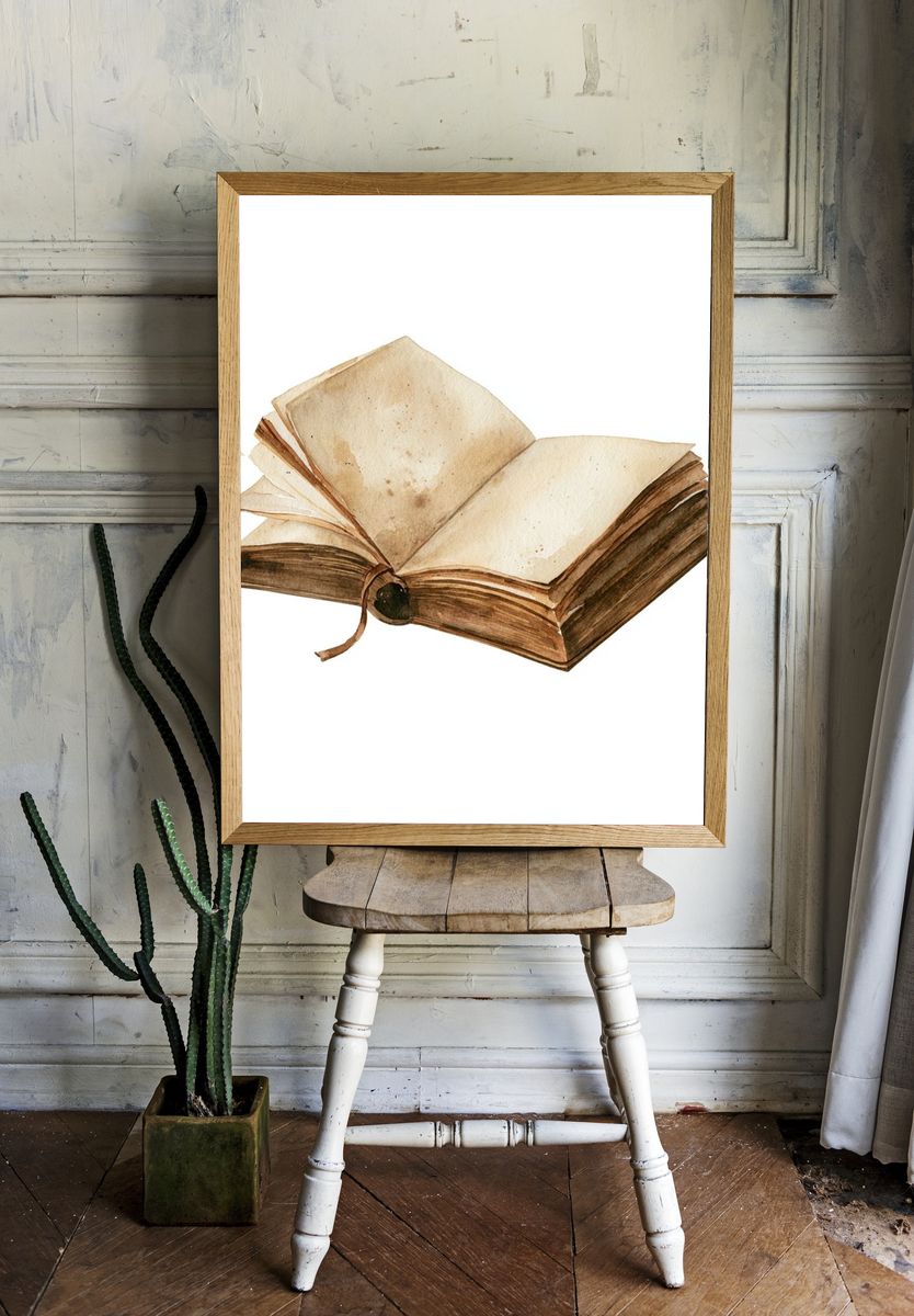 Open Antique Book Watercolor Print. — room view 1