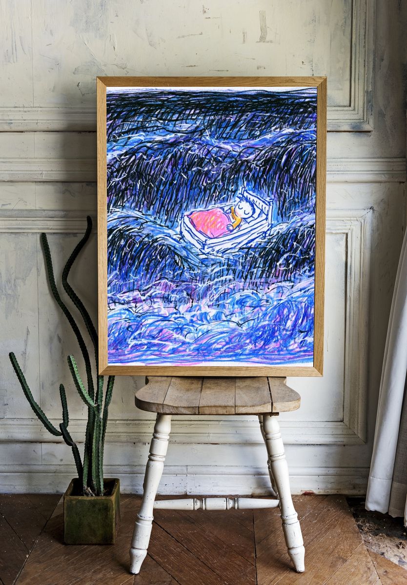 Sleeping Child in Waves Illustration Poster. — room view 1