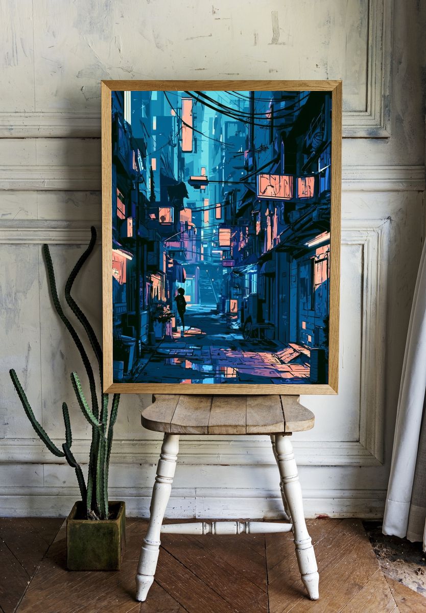 Neon Alley Cityscape Illustration Poster. — room view 1