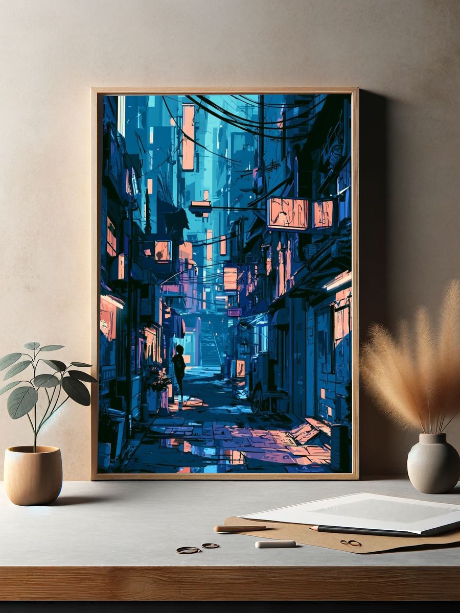 Neon Alley Cityscape Illustration Poster. — room view 2