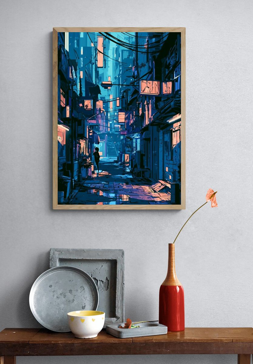 Neon Alley Cityscape Illustration Poster. — room view 3