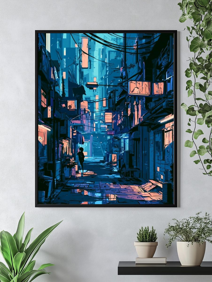 Neon Alley Cityscape Illustration Poster. — room view 4