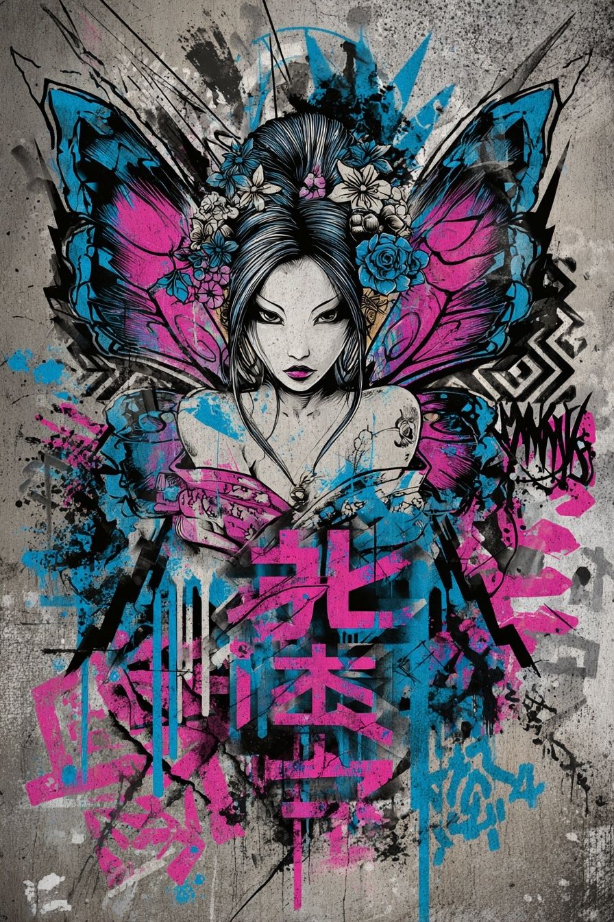 Butterfly Geisha Street-Art Poster. poster — illustration art