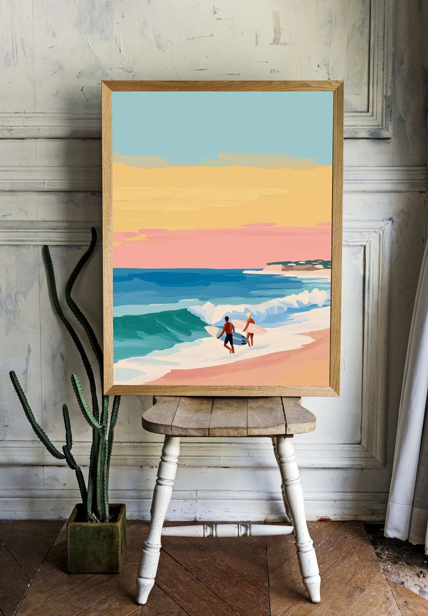 Pastel Surfers Beach Illustration Poster. room preview