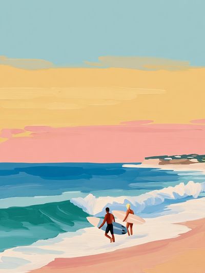 Pastel Surfers Beach Illustration Poster. poster print