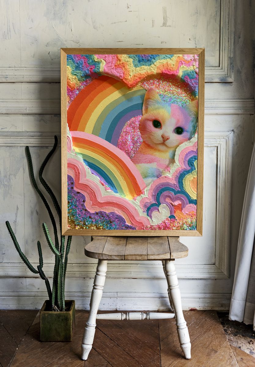 Rainbow Cat Dreamscape Illustration Poster. room preview