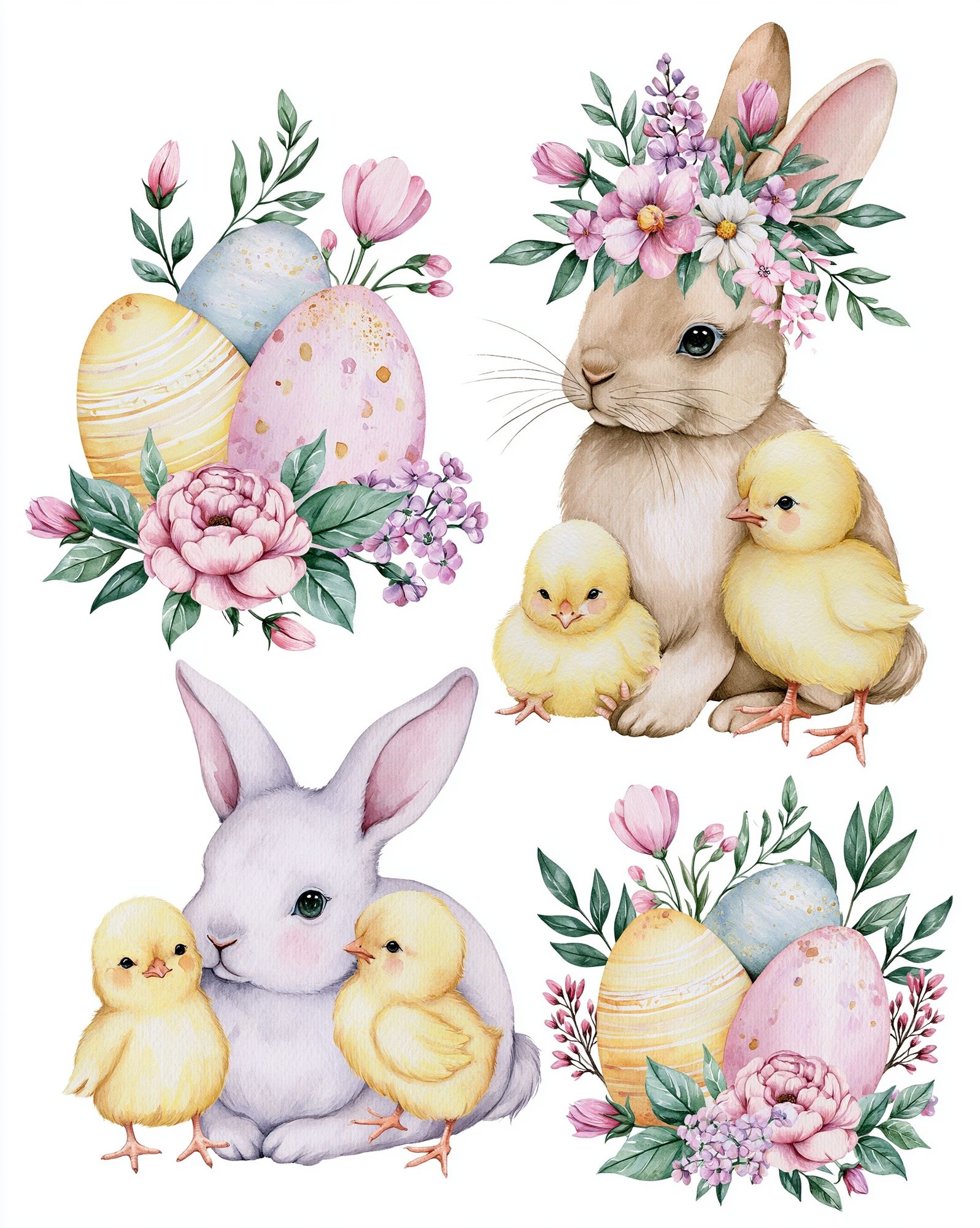 Easter Bunny and Chicks Watercolor Print. poster — illustration art