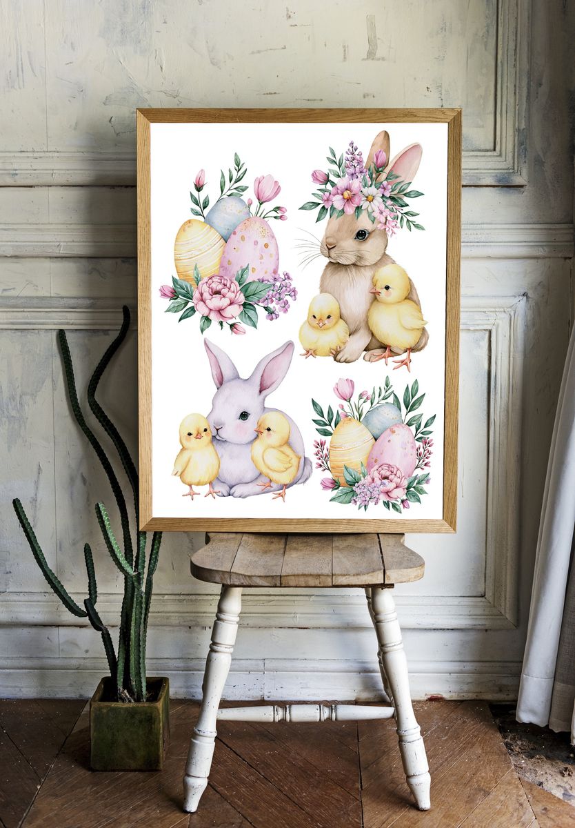 Easter Bunny and Chicks Watercolor Print. — room view 1
